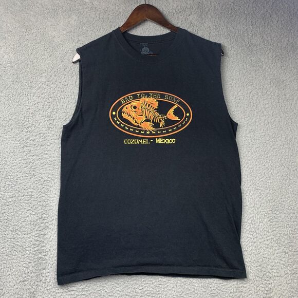 Bad To The Bone Shirt Mens Large Black Cozumel Mexico Sleeveless Muscle Tank - Picture 1 of 7